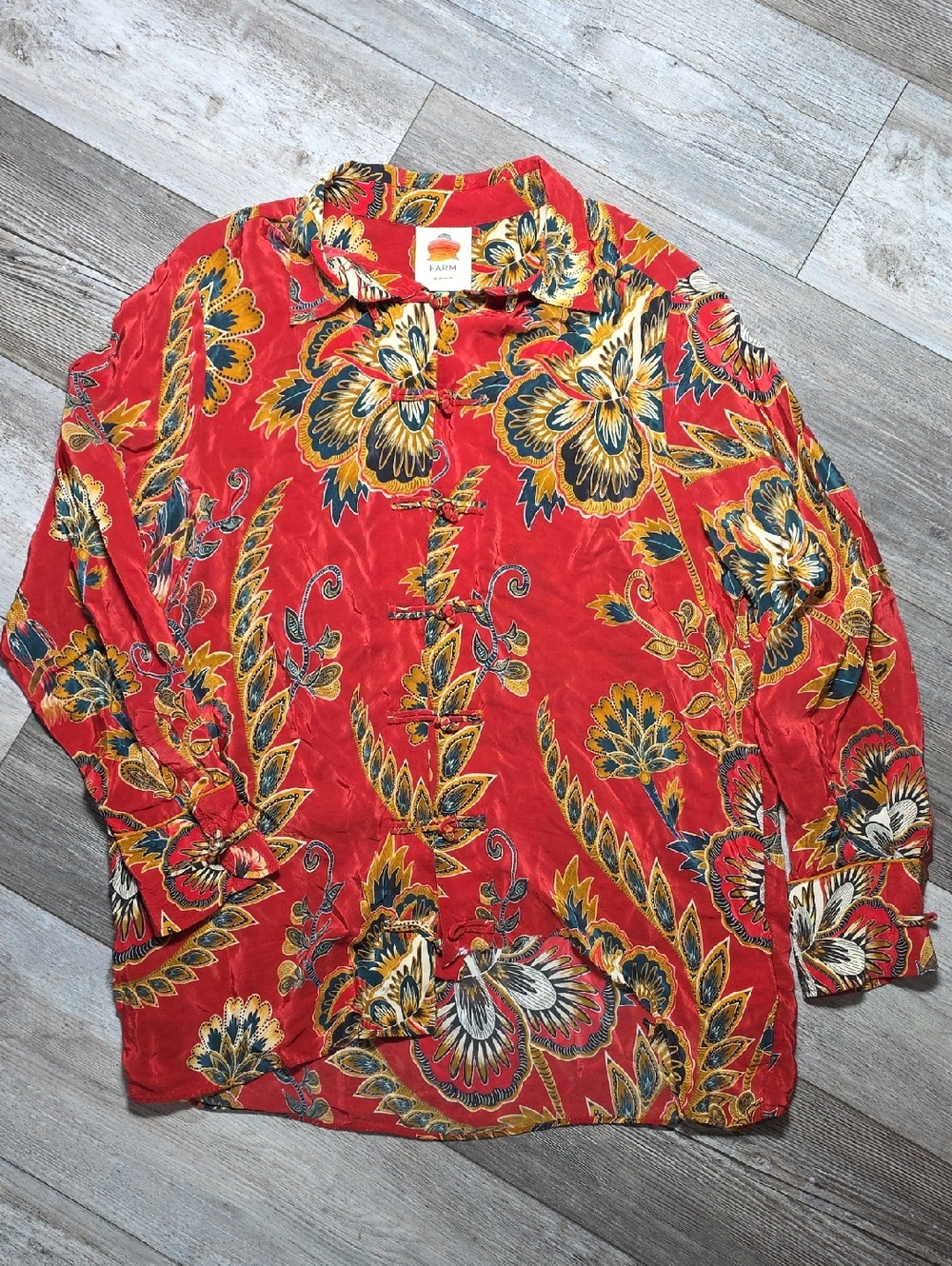 Farm Rio Woman's Floral AOP Button Up Flowey Top Sz Lg